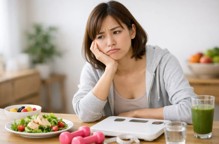ダイエットしたいけど、上手くいかなくて悩んでいる女性の画像