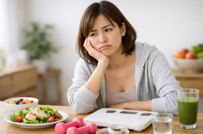 ダイエットしたいけど、上手くいかなくて悩んでいる女性の画像